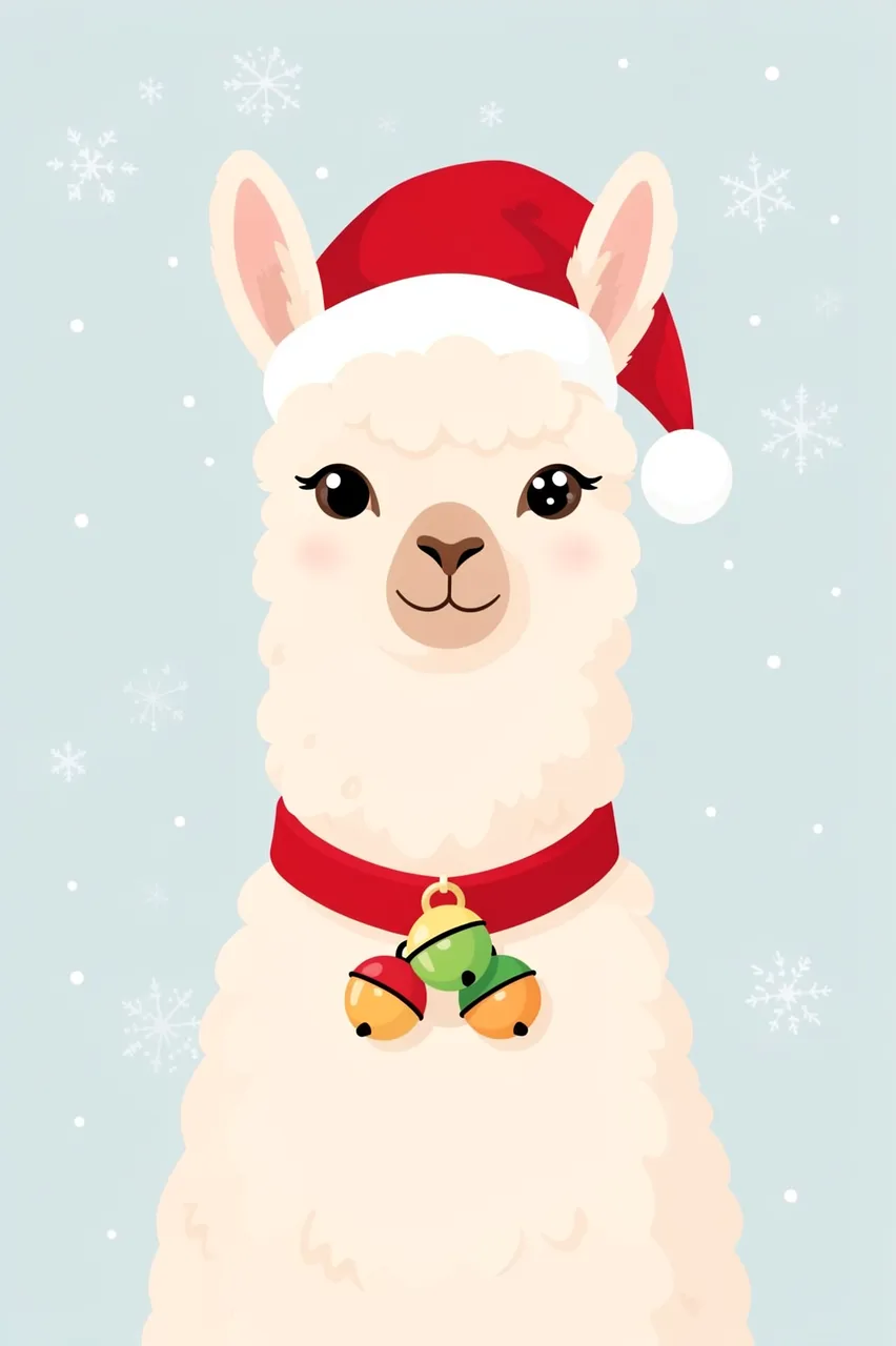 A fluffy cream llama in a Santa hat and jingle bell collar against a light blue snowflake background
