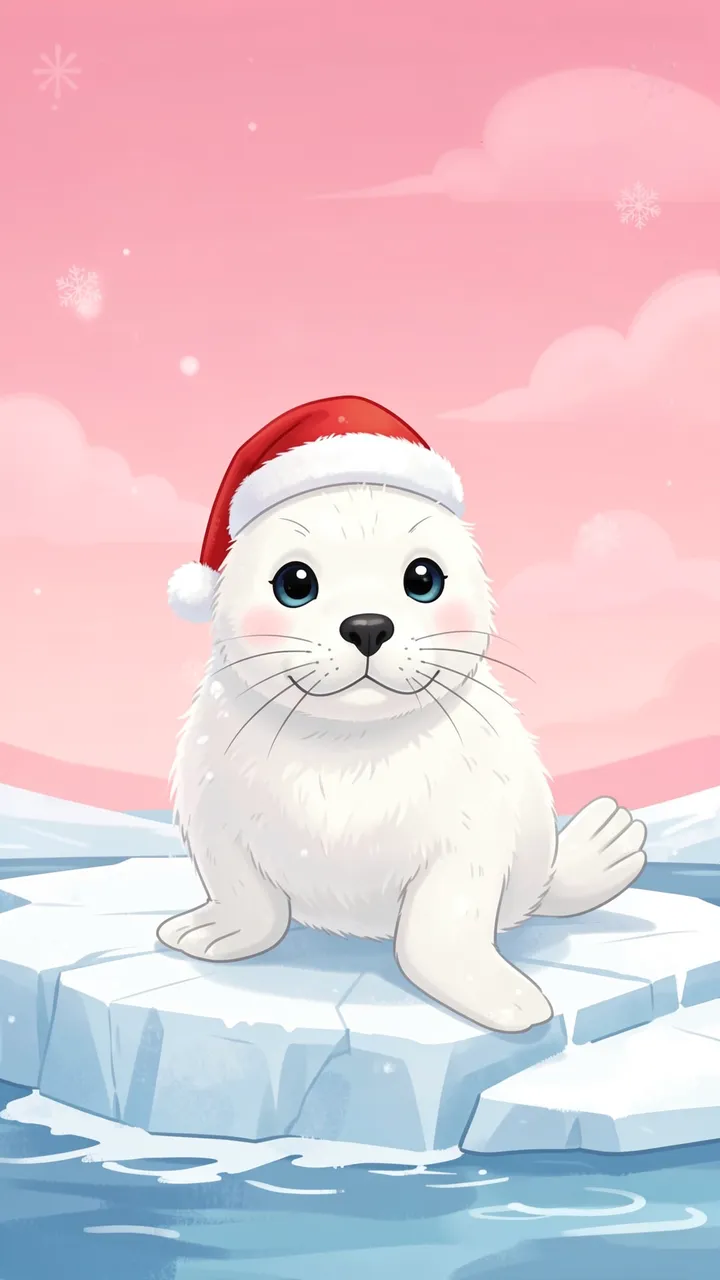 Fluffy white seal pup wearing a tiny Santa hat sits on an ice floe under a soft pink snowy sky