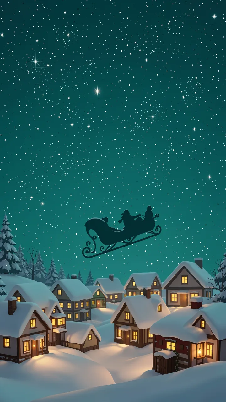 Silhouette of Santa's sleigh flying over a snow-covered village under a starry teal night sky