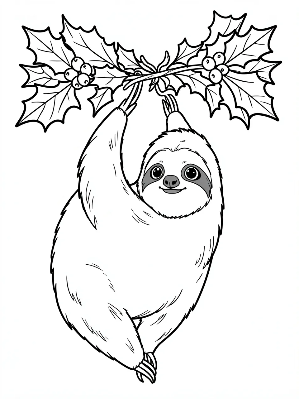 Black and white line art of a smiling sloth hanging from a holly garland on a white background