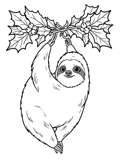 Black and white line art of a smiling sloth hanging from a holly garland on a white background