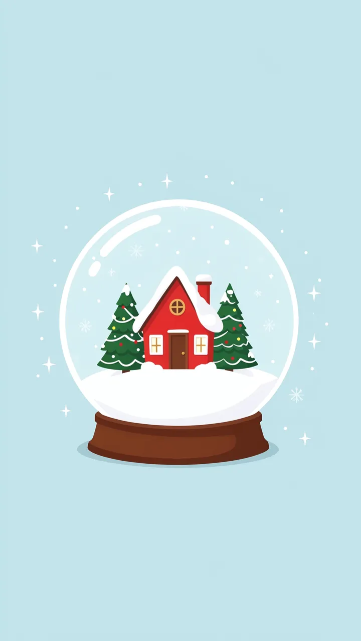 A flat illustration of a snowglobe holding a red cottage and pine trees on a sparkly pale blue background.