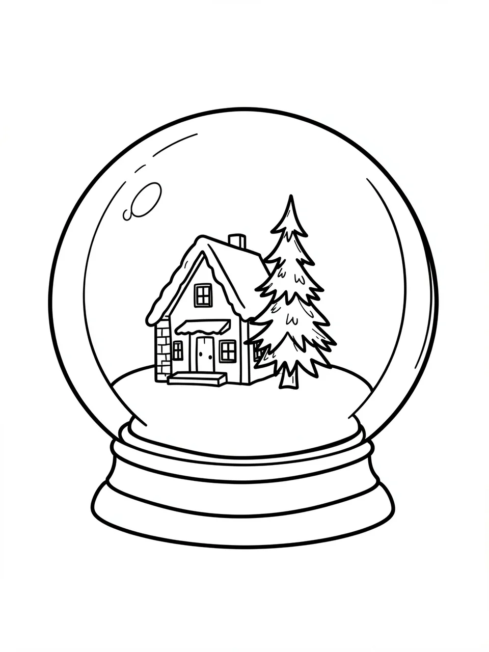 Simple black line art of a Christmas snowglobe holding a small winter house and pine tree on a white background