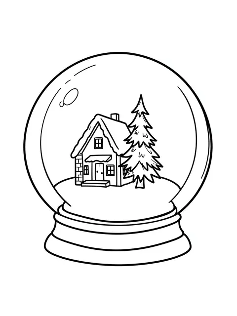 Simple black line art of a Christmas snowglobe holding a small winter house and pine tree on a white background