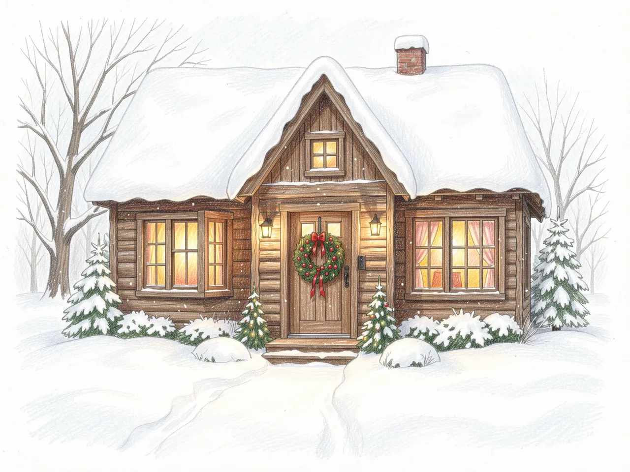 Colored pencil drawing of a cozy snow-covered wooden cottage with glowing windows and a Christmas wreath on the front door
