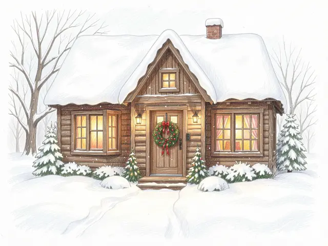 Colored pencil drawing of a cozy snow-covered wooden cottage with glowing windows and a Christmas wreath on the front door