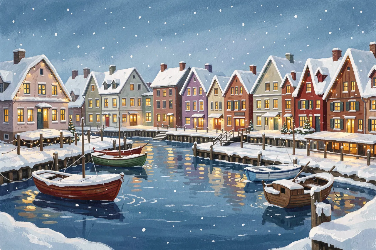 Gouache illustration of a snowy harbor town with lit windows, small boats docked under falling snow at Christmas