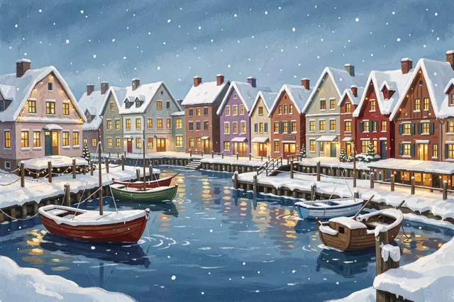 Gouache illustration of a snowy harbor town with lit windows, small boats docked under falling snow at Christmas
