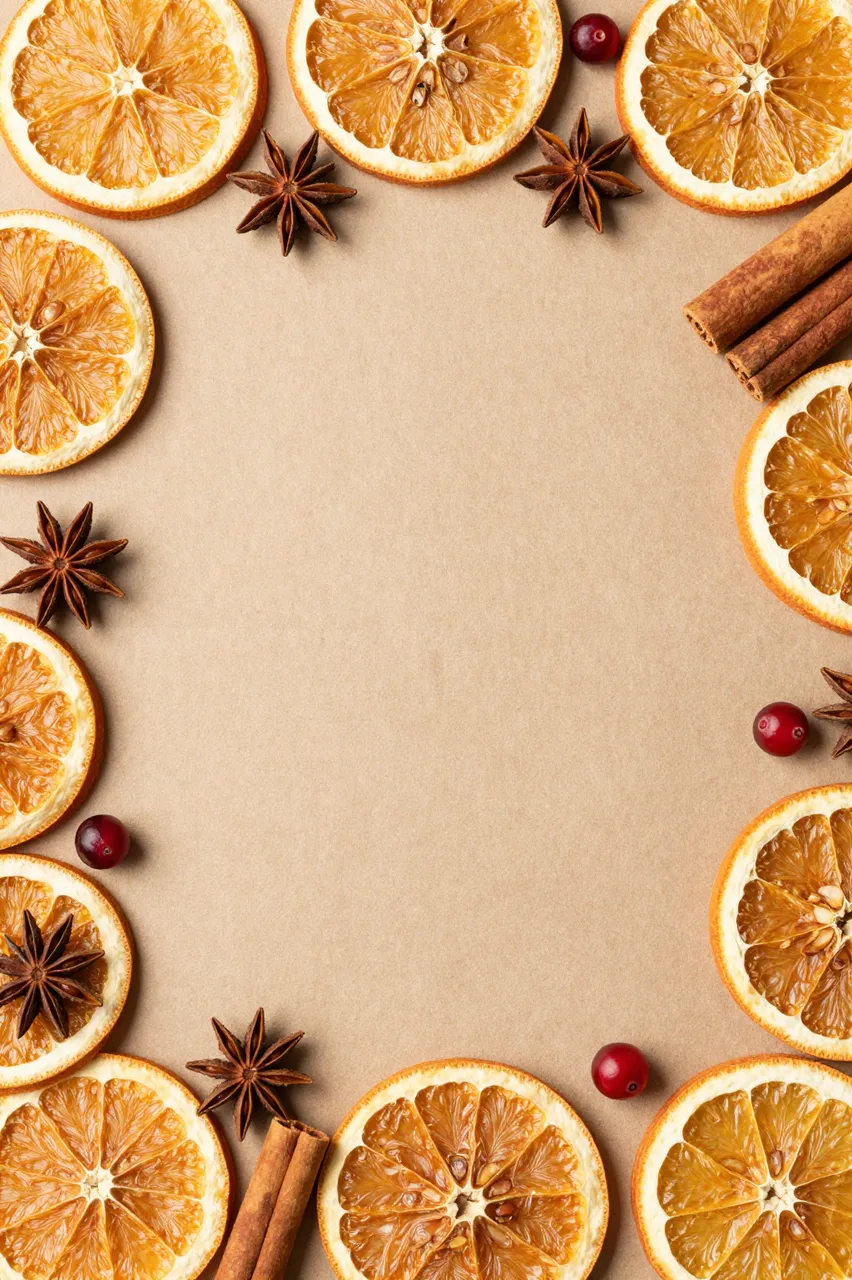 Top down flat lay of dried orange slices, star anise, cinnamon and cranberries framing empty kraft paper copy space