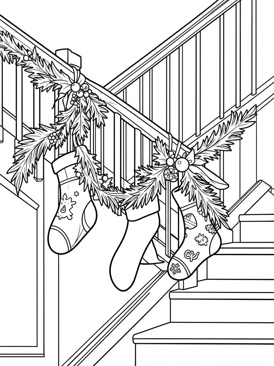 Black and white line art of Christmas stockings hung on a garlanded staircase banister for a coloring page