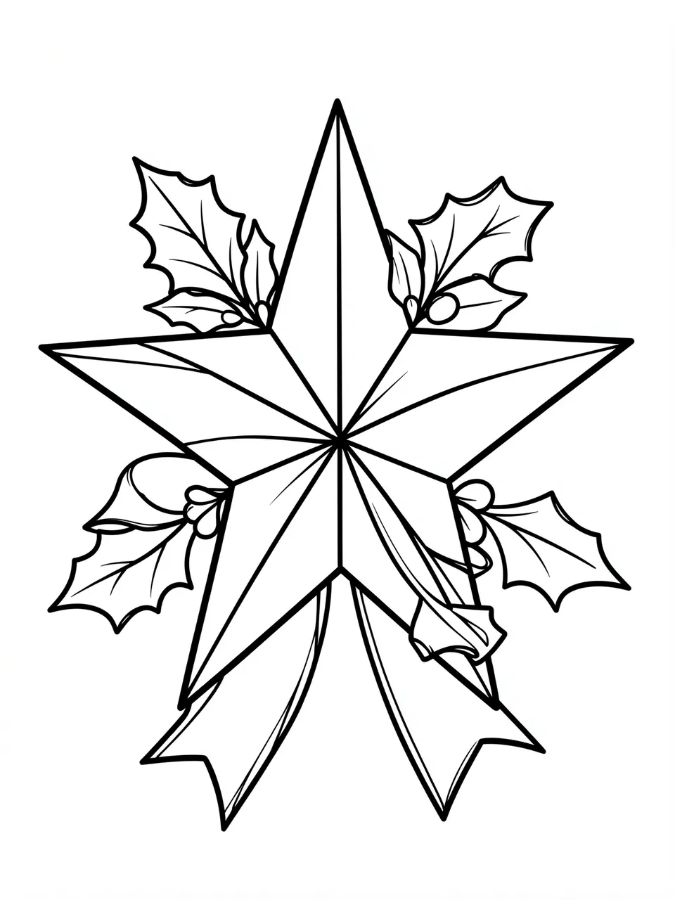 Black and white bold line art of a Christmas star decorated with holly leaves and a ribbon on a plain white background