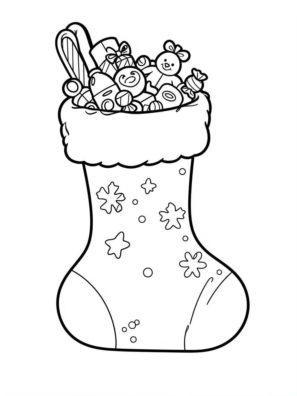 Black and white bold line art of a stuffed Christmas stocking on a plain white background