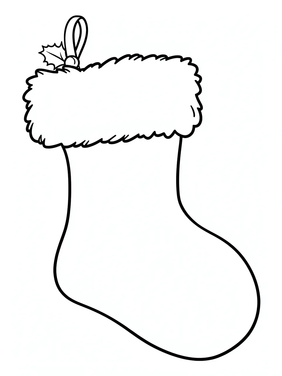 Black and white line drawing of a Christmas stocking with a fuzzy cuff, holly accent, and hanging loop on a plain white