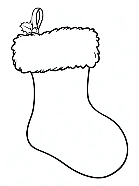 Black and white line drawing of a Christmas stocking with a fuzzy cuff, holly accent, and hanging loop on a plain white