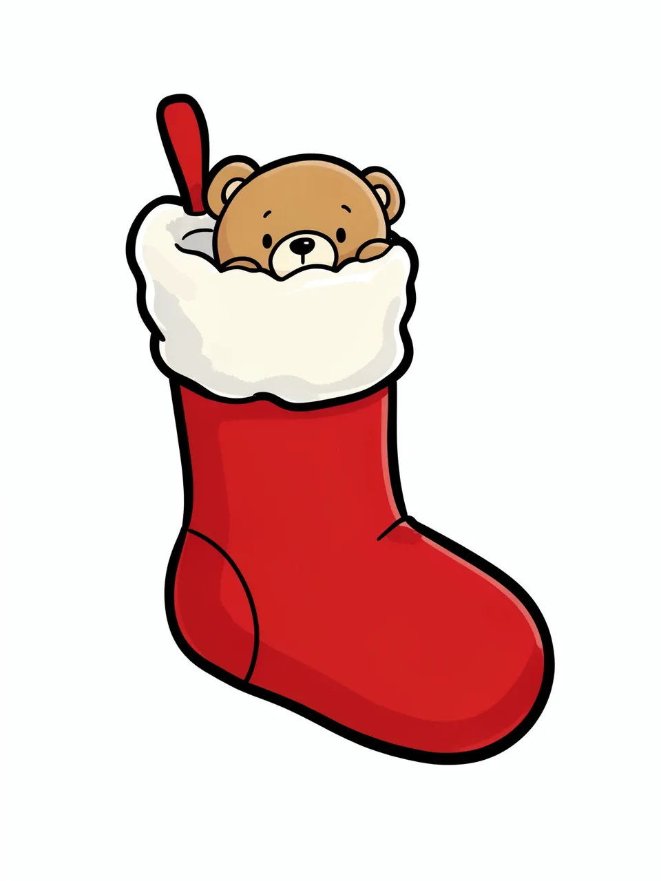 Cute cartoon illustration of a red Christmas stocking with a teddy bear peeking out from its fluffy cuff