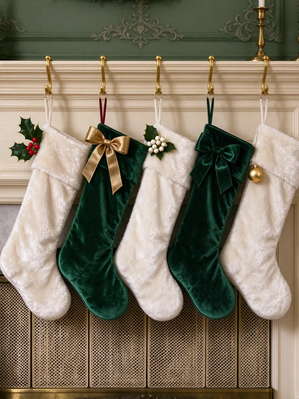 Ivory faux fur and emerald velvet Christmas stockings hang from brass hooks on a cream painted fireplace mantel.