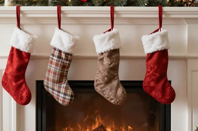 Four festive Christmas stockings hang from a white fireplace mantel above a glowing fire.