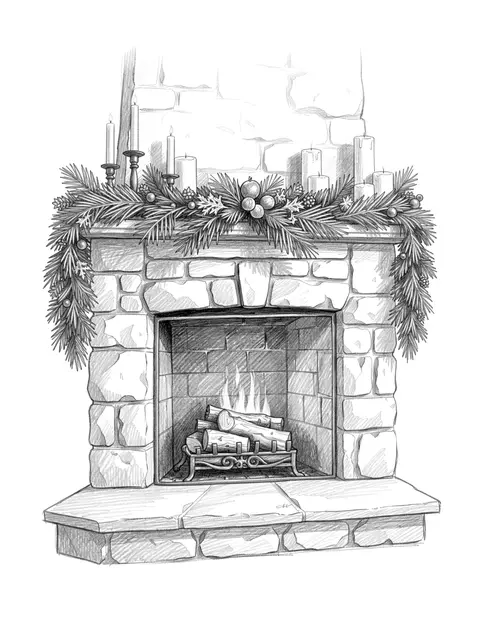 Graphite pencil sketch of a decorated stone fireplace with a pine garland, candles, and glowing fire inside the hearth