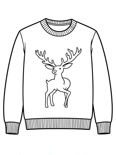 Black and white line art of a laid flat Christmas sweater featuring a front reindeer design for coloring