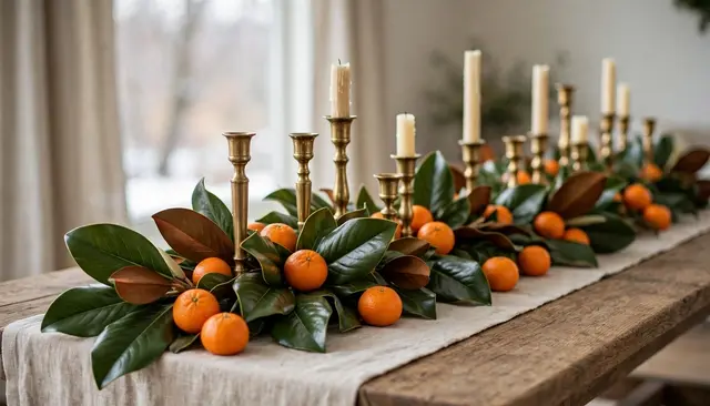 Festive centerpiece of clementines, magnolia leaves and brass candlesticks runs down a long wooden table
