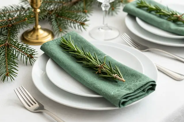Festive Christmas table setting with white plates, green napkins, rosemary accents and fir decor
