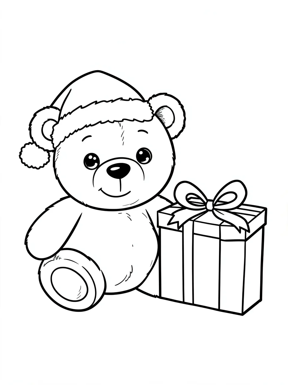 Black and white line art of a teddy bear in a Santa hat sitting next to a wrapped gift box