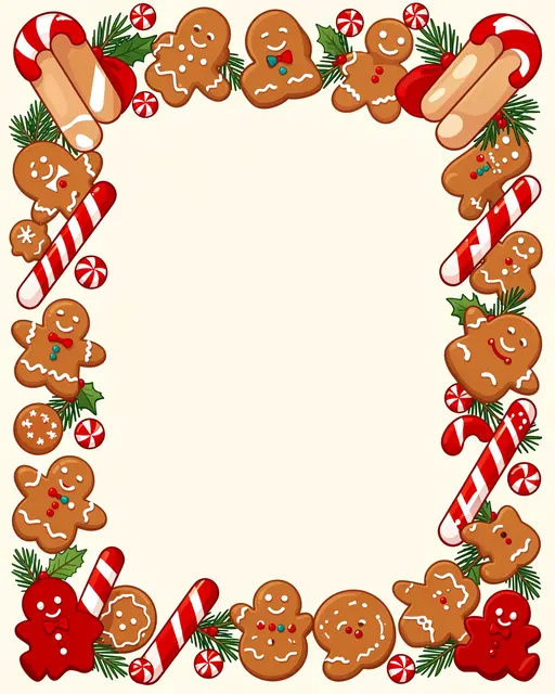 A rectangular decorative border of gingerbread cookies, candy canes, peppermints and holly surrounds an empty cream central