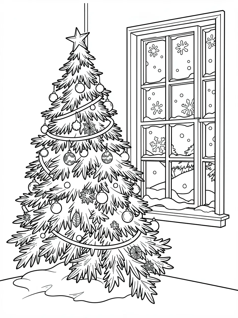 Black and white line art of a decorated Christmas tree next to a snowy winter window on a plain white background