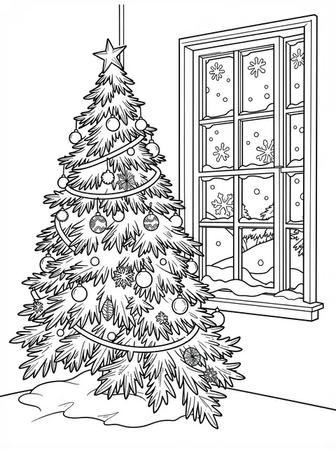 Black and white line art of a decorated Christmas tree next to a snowy winter window on a plain white background