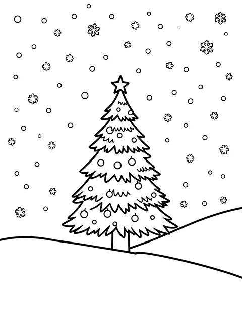Simple bold black line art of a decorated Christmas tree on a snowy hill under falling snowflakes