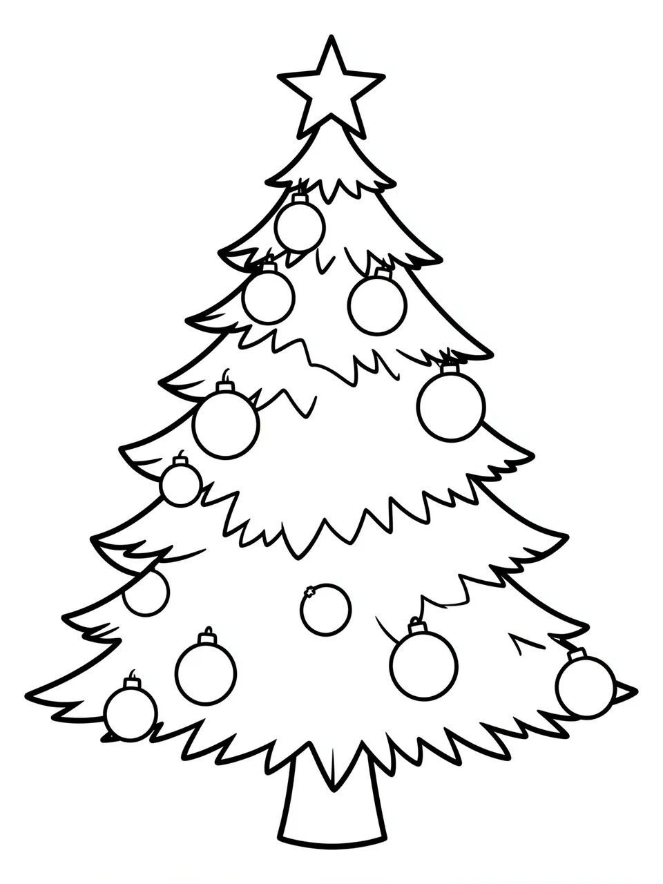 Bold black line art of a Christmas tree with round ornaments and a top star on a white background