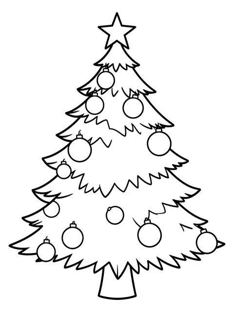Bold black line art of a Christmas tree with round ornaments and a top star on a white background