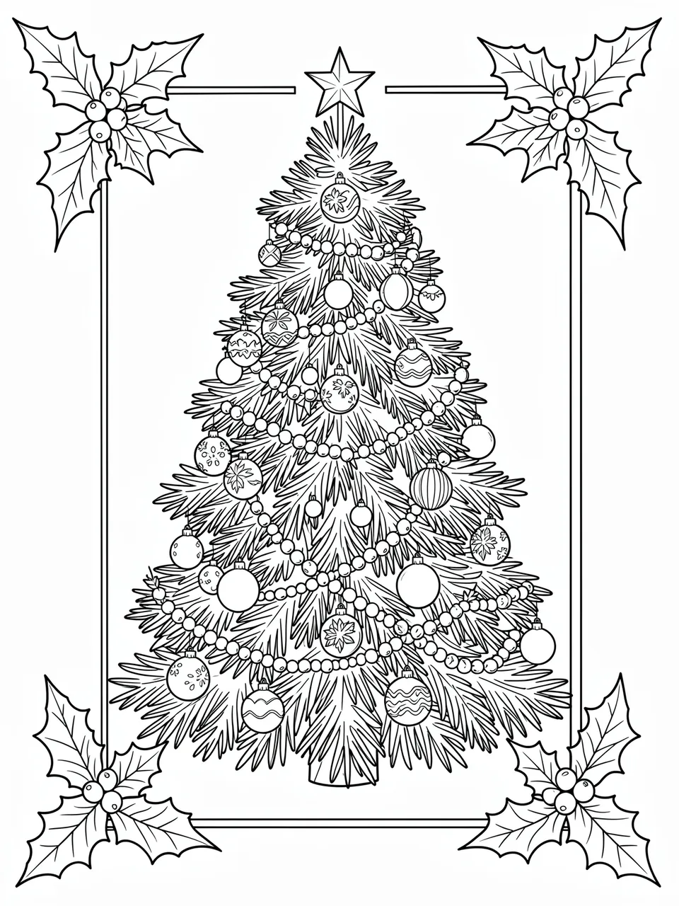 Black and white line art of a decorated Christmas tree framed by holly on a plain white background