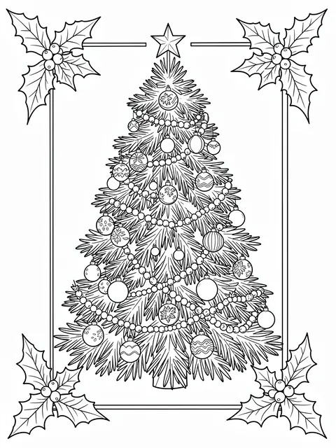 Black and white line art of a decorated Christmas tree framed by holly on a plain white background