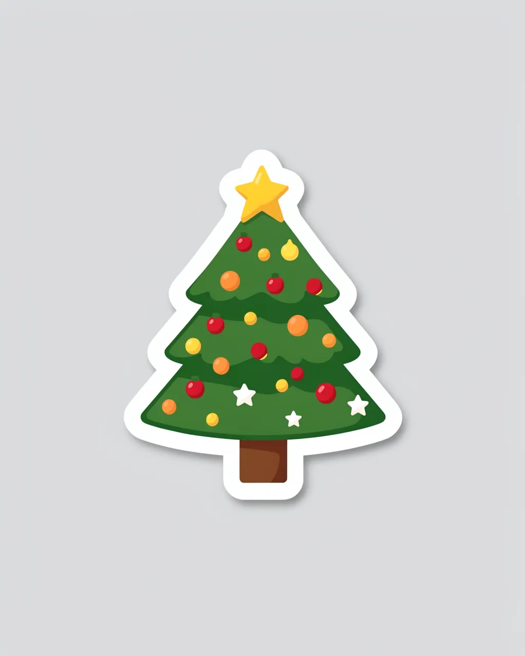 Flat cute illustrated decorated Christmas tree sticker with a thick white border on a light gray background