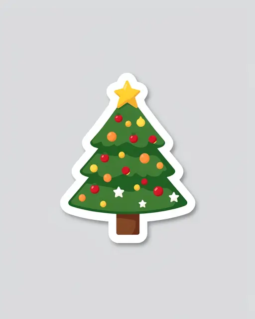 Flat cute illustrated decorated Christmas tree sticker with a thick white border on a light gray background