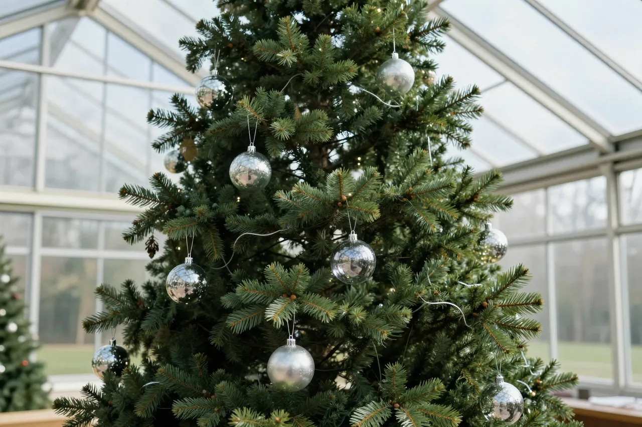 Decorated Christmas tree with silver glass ornaments stands inside a bright sunlit glass greenhouse