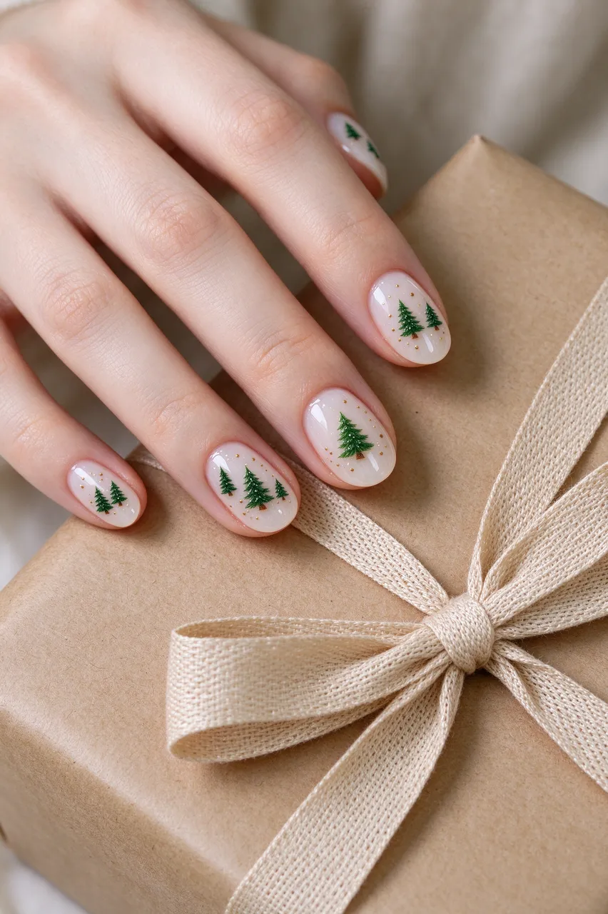 Close up of a fair-skinned hand with Christmas tree nail art resting on a kraft paper gift box