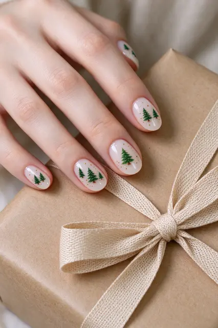 Close up of a fair-skinned hand with Christmas tree nail art resting on a kraft paper gift box
