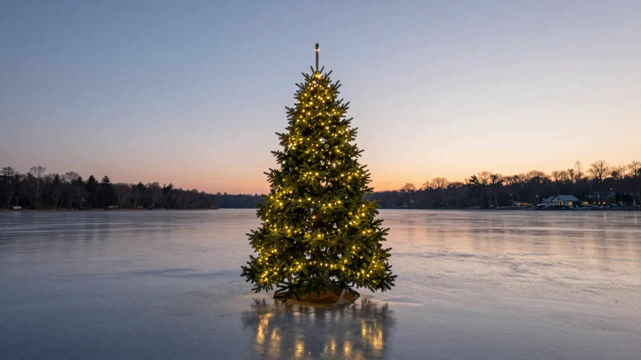 Lit decorated Christmas tree standing on smooth frozen lake ice at twilight, with distant treeline