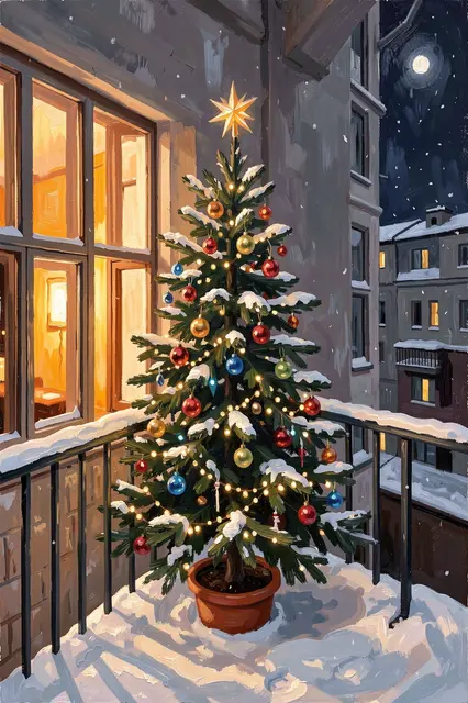 A potted decorated Christmas tree stands on a snow-covered apartment balcony at night with glowing warm windows behind it.