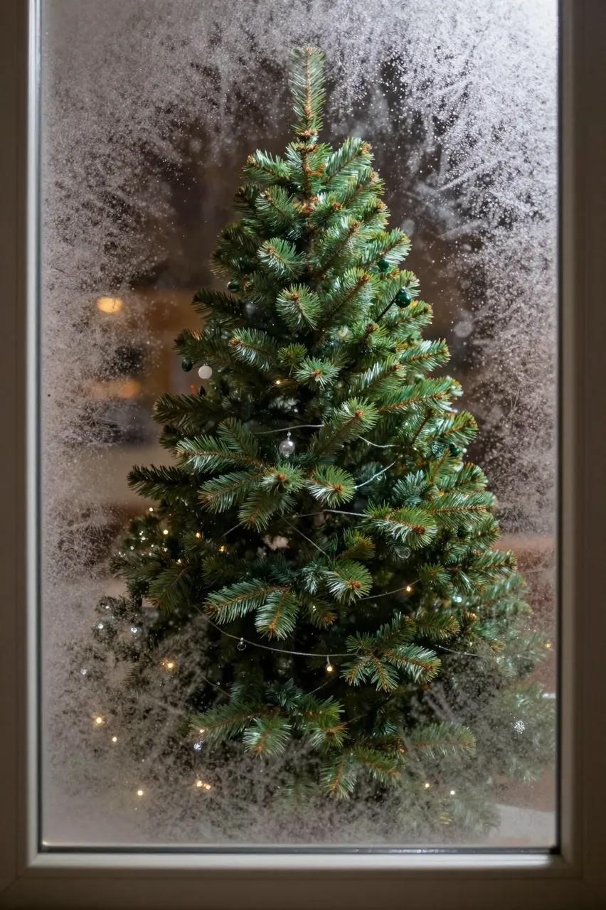 Lit decorated Christmas tree seen through a frosted icy window from outside on a winter night
