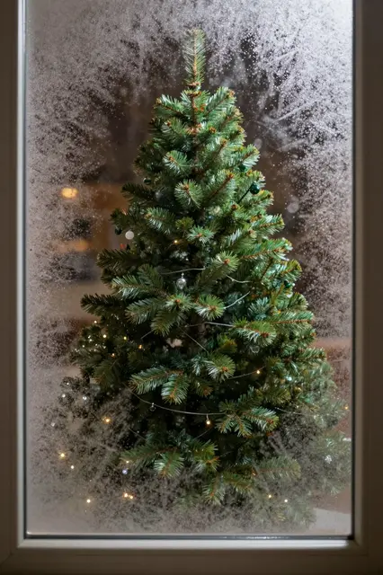 Lit decorated Christmas tree seen through a frosted icy window from outside on a winter night