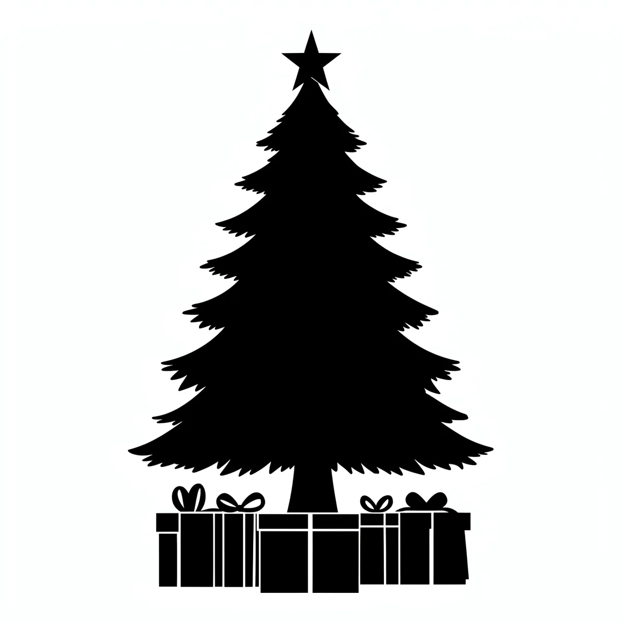 Solid black silhouette of a star-topped Christmas tree with wrapped gifts on a plain white background