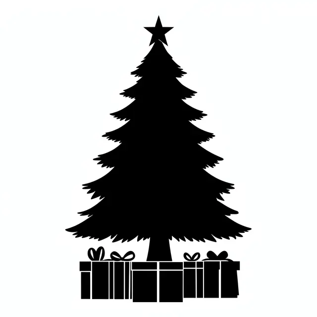 Solid black silhouette of a star-topped Christmas tree with wrapped gifts on a plain white background