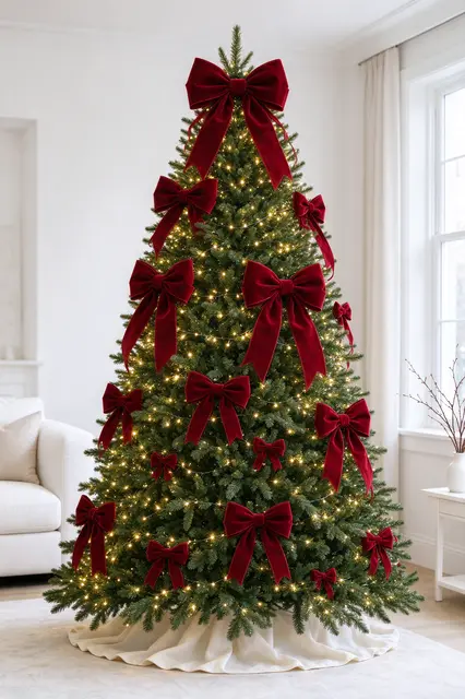 Decorated Christmas tree with red velvet bows and warm lights stands in a bright white living room
