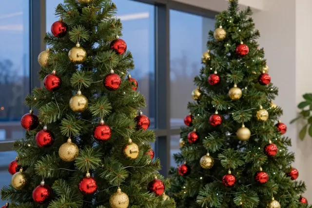 Two decorated artificial Christmas trees with red and gold baubles stand beside a large window at blue dusk