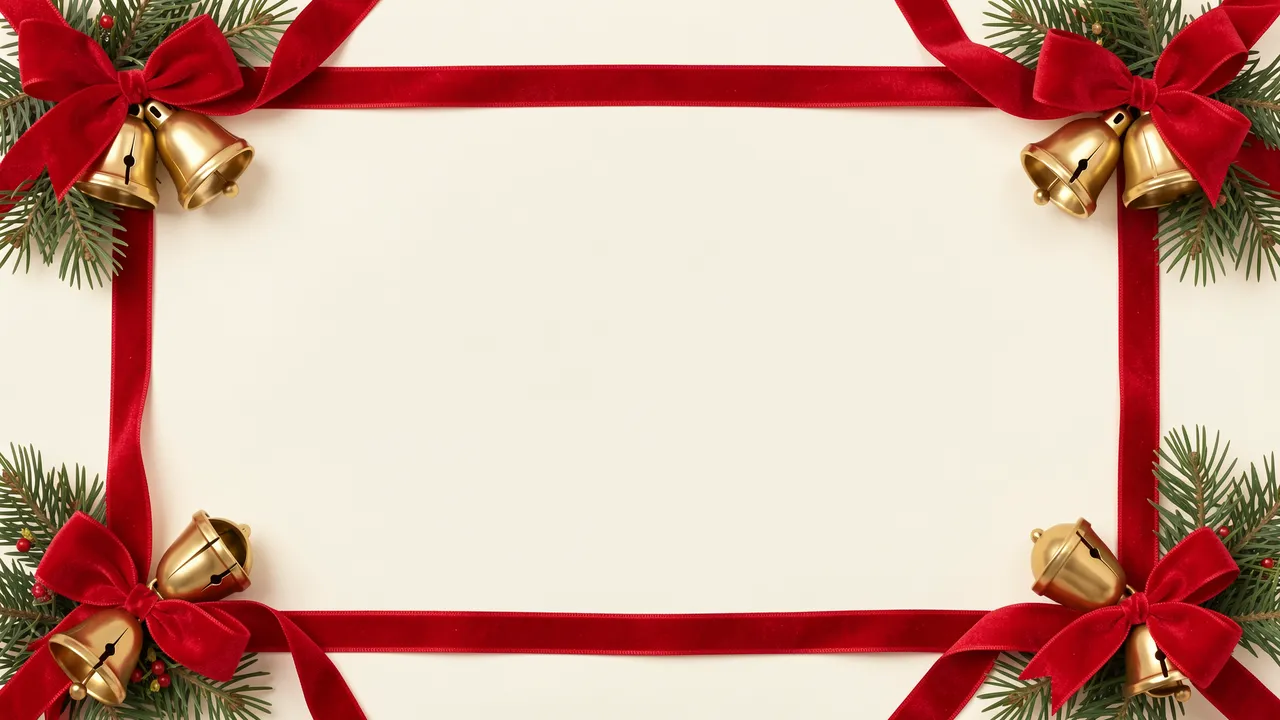 A decorative Christmas frame of red velvet ribbon, gold bells, and pine sprigs borders an empty ivory center.