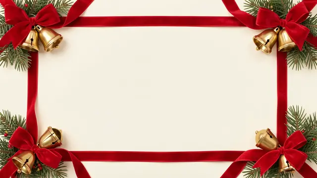 A decorative Christmas frame of red velvet ribbon, gold bells, and pine sprigs borders an empty ivory center.