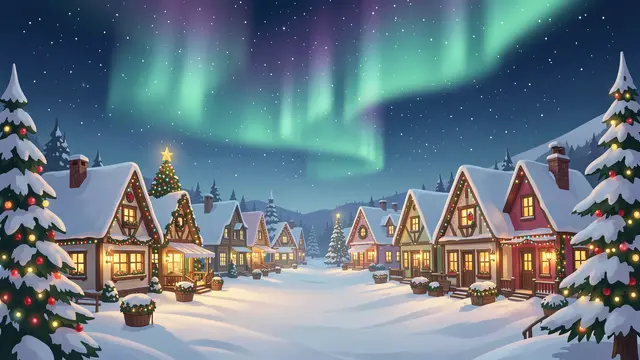 Cozy snow-covered Christmas village lined with lit festive houses beneath a green aurora borealis night sky